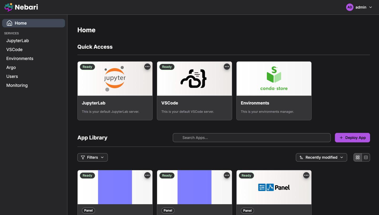 Home page with the default Nebari theme in dark mode