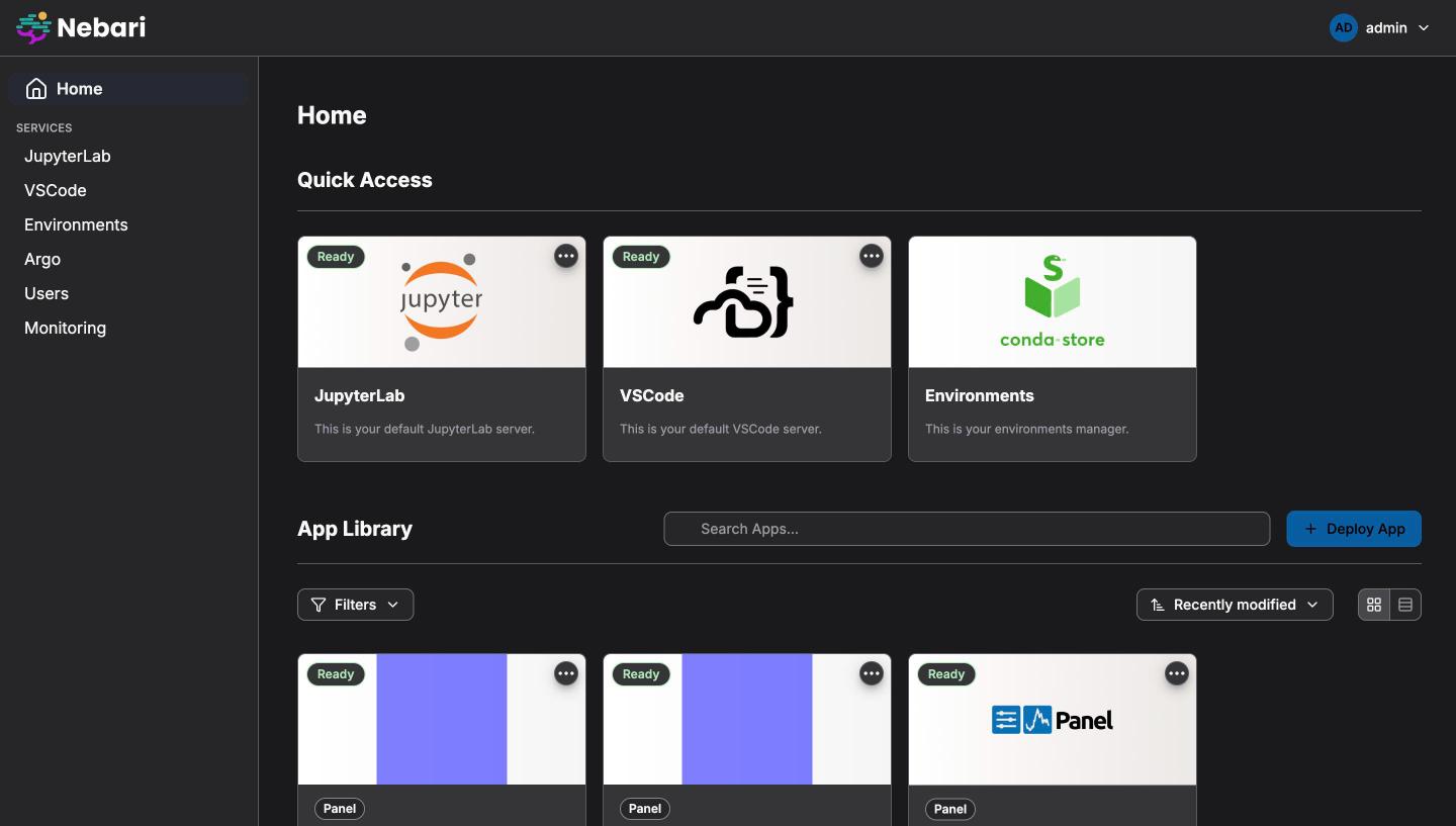 Home page with custom branding in dark mode
