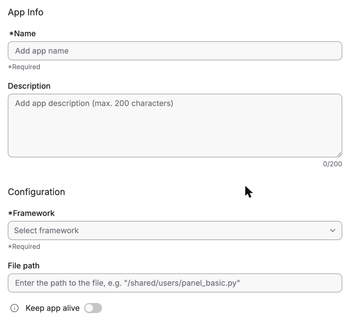 Create app form, info and configuration sections