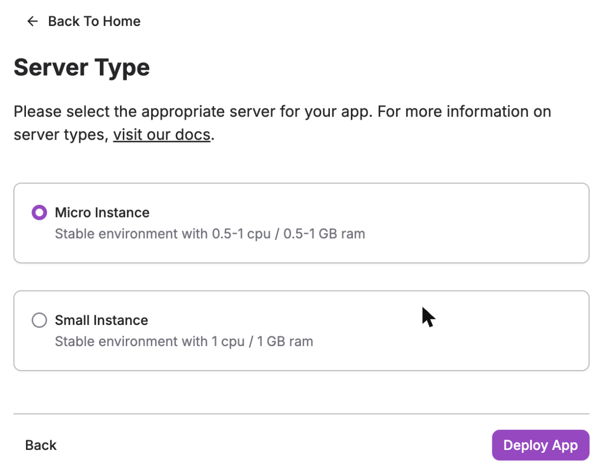 Create app form, select server page
