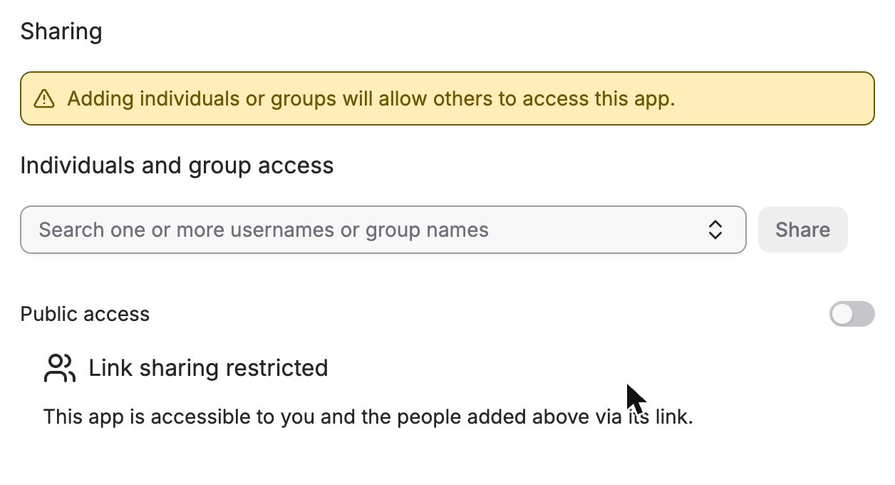 Create app form, sharing section